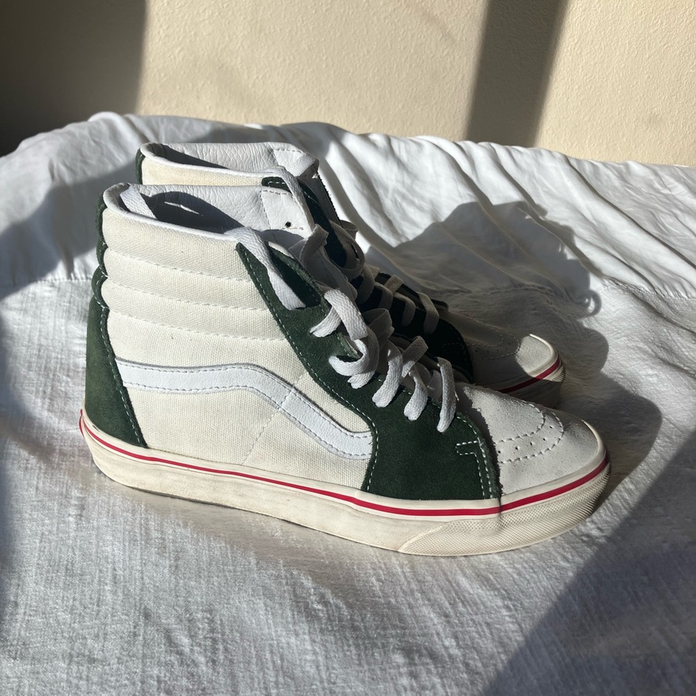Vans Sk8-Hi White and Dark Green Canvas High-Top Sneakers